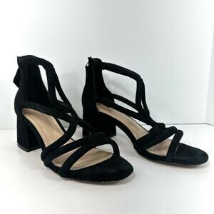 Sandro Paris Black Suede Block Heel Open Toe Sandals Size EU 37 US 7